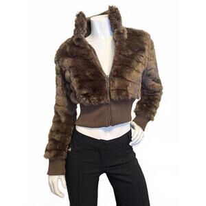 JOUJOU Brown Faux Fur Cropped Bomber Jacket Crest Back Zip Up Y2K Womens Small